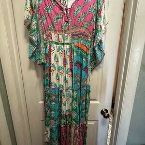 Boho Floral Maxi Dress in Pink and Green